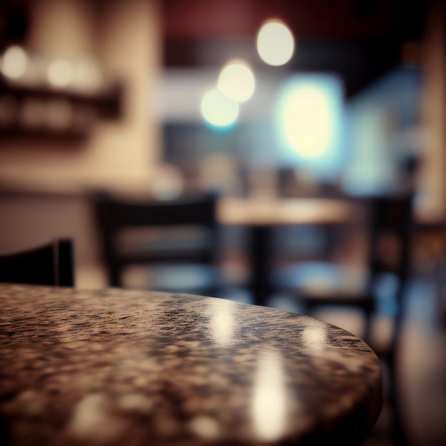 Blurred restaurant interior. Granit table background of space for your decoration. Generate by AI.