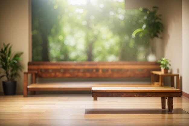 Blurred room with a wooden bench