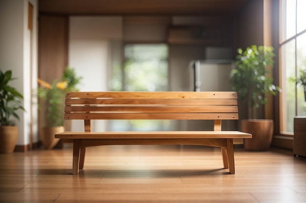 Blurred room with a wooden bench