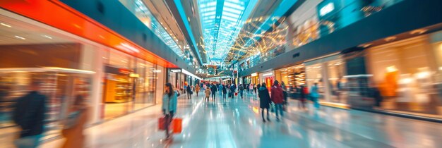 Blurred shoppers in busy mall