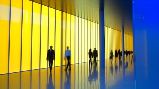 Blurred silhouette of office employees in a blue and yellow color business buildin generative ai