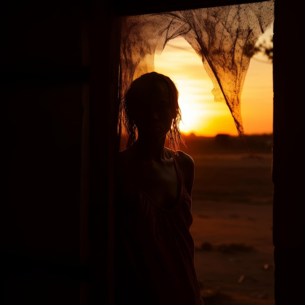 Blurred silhouette of a woman seen through a dusty window at sunset