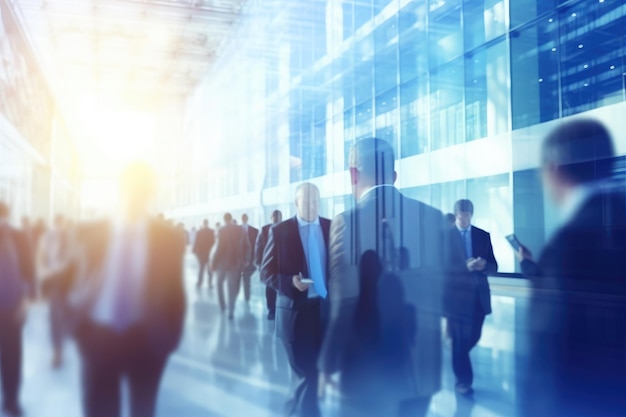 Blurred silhouettes of businessmen walking in an office glass building Business world