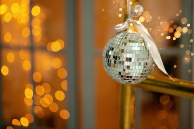 Blurred sparkling Christmas fairy background Defocused garlands bokeh effect Defocus soft selective focus Horizontal copy space