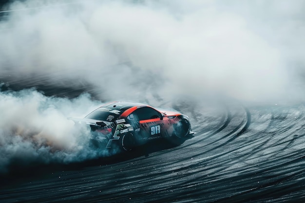 Blurred speed view of Motorsports racing drift professional drivers and highspeed car activities