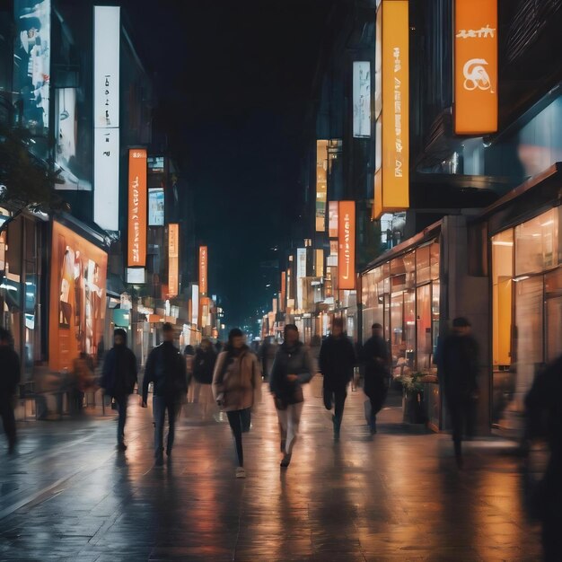 흐릿한 거리 밤의 보행자