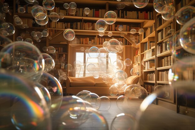 A blurred study room with bookshelves seen through a floating soap bubble