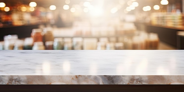 Photo blurred supermarket background with bokeh light showcasing a marble table top for products