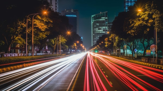 blurred traffic light trails on road