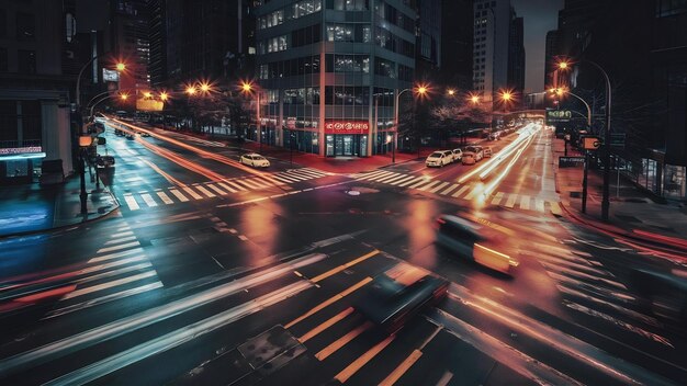 Blurred traffic lights on street at night