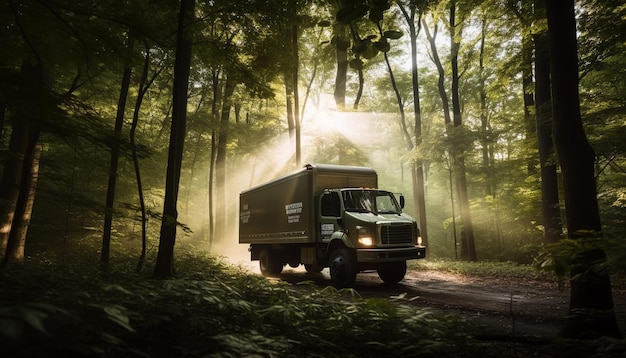 Размытые грузовики, перевозящие грузы через лесную глушь, сгенерированные ИИ