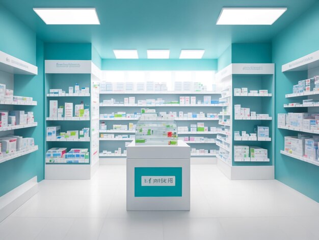Foto interno della farmacia sfocato con scaffali con farmaci