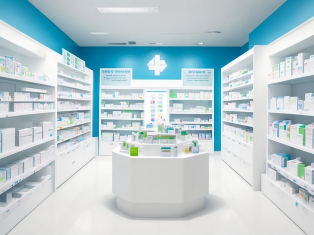 размытый несфокусированный интерьер аптеки с полками с лекарствами
