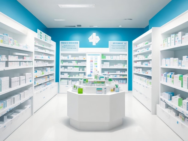 blurred unfocused pharmacy interior with shelves with medicines