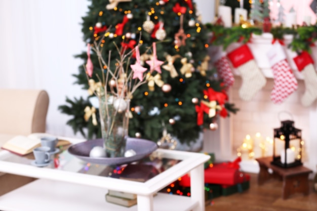 Blurred view of beautiful living room decorated for Christmas