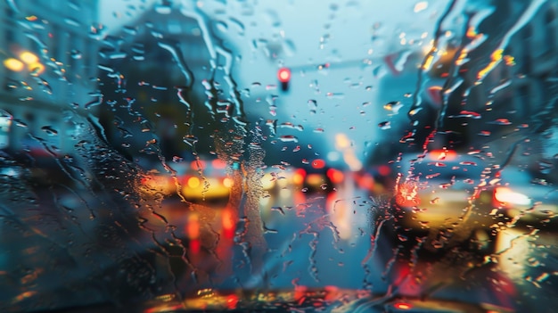 A blurred view of car headlights shining through rainy windshield capturing the chaotic energy of a