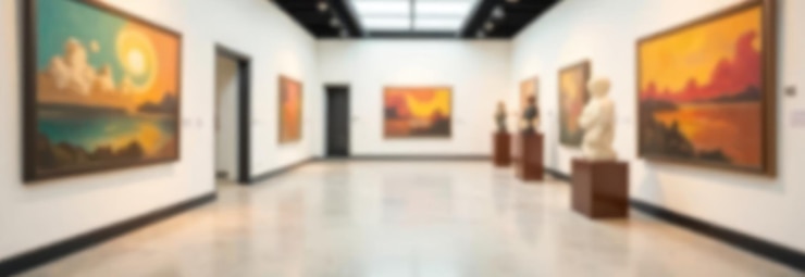 Photo 화려한 중립 조명 배경으로 예술 작품, 그림 및 조각품을 전시하는 현대 미술관의 흐릿한 시각 텍스트 박물관 전시를 위해 복사 공간과 함께 배너 디자인