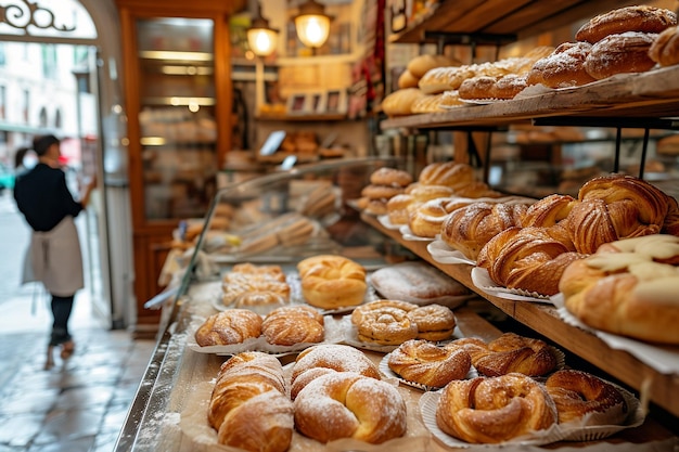 Blurred view of counter with bakery products in shop