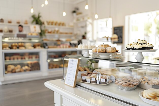 Photo blurred view of a counter with bakery products