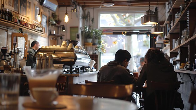 Photo blurred view of a couple sitting at a cafe table with a barista in the background making coffee