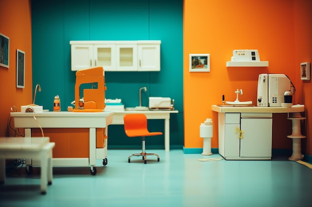Photo blurred view of modern medical office with doctor39s workplace and examination table in clinic
