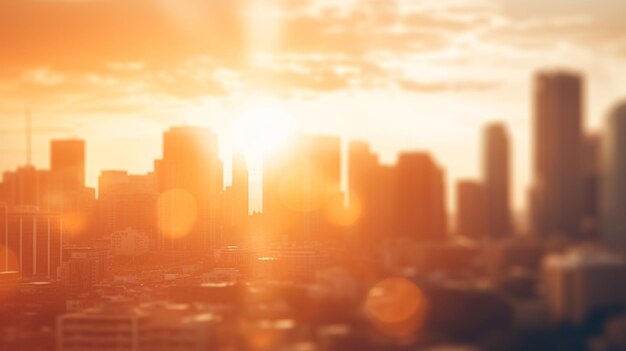 Photo blurred view of modern sunset with city buildings and sunlight