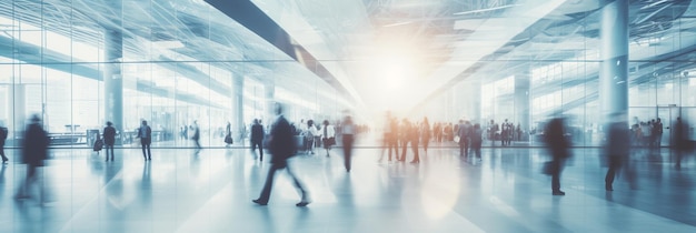 Blurred vip business people walking at a trade fair conference or walking in a modern hall