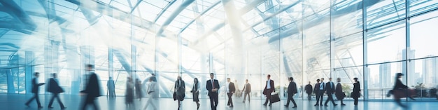 blurred vip business people walking at a trade fair conference or walking in a modern hall