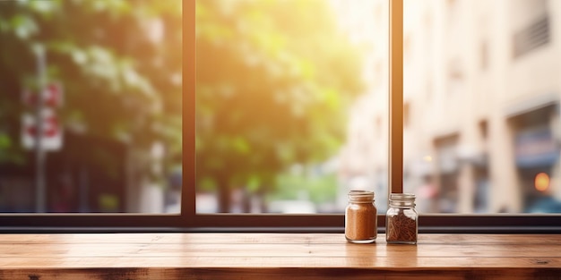 Blurred window background with table for product display