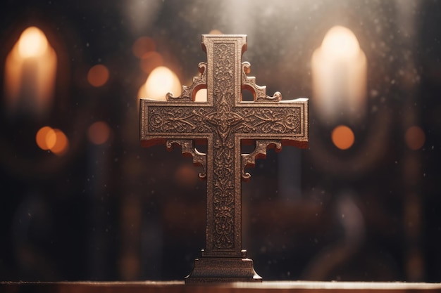 Blurred wooden Christian Cross with bokeh lights