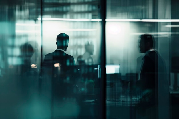Giovani uomini d'affari confusi che fanno brainstorming in ufficio durante una riunione dietro una parete di vetro