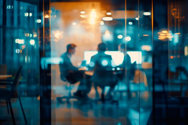 Blurred young businessmen brainstorming in the office during a meeting behind a glass partition