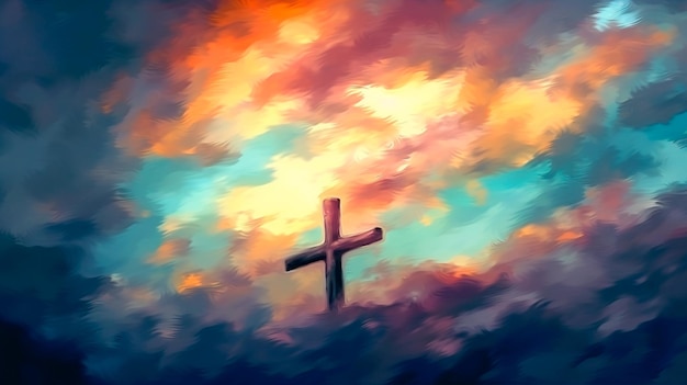 写真 概念的な十字架やその他の宗教的シンボルを夕焼けの空に描いた水彩画のぼやけた抽象的な背景と、神生成aiとしての雲