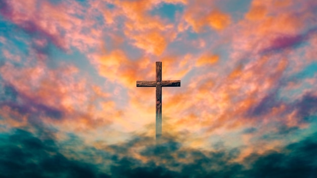 Photo blurry abstract background of painting in watercolor depicting a conceptual cross or other religious symbol over a sky at sunset with clouds as god generative ai