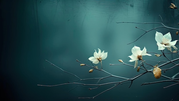 blurry abstract photo of tree trunk and flowers with leaves in light in the style of dark teal