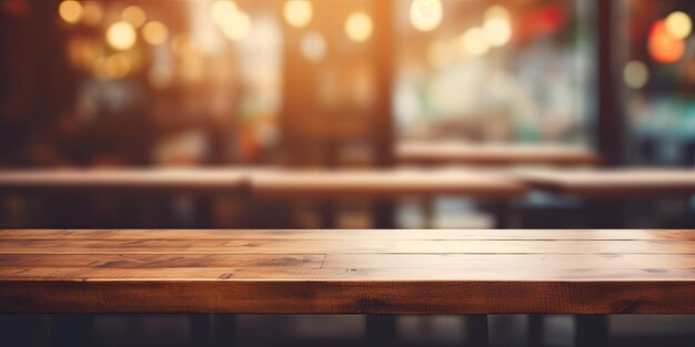 Blurry background of a cafe and restaurant surrounding wooden table