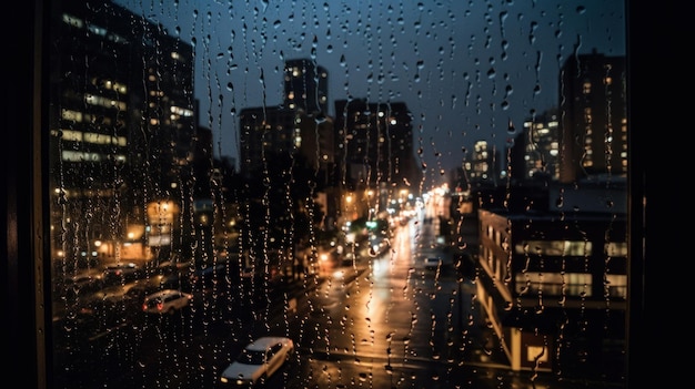 AI가 생성한 비를 통해 도시의 불빛이 흐릿한 배경