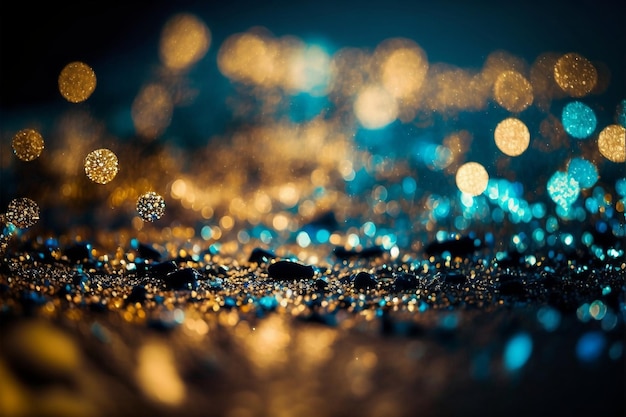 Blurry background of gold and blue glitter Generative AI