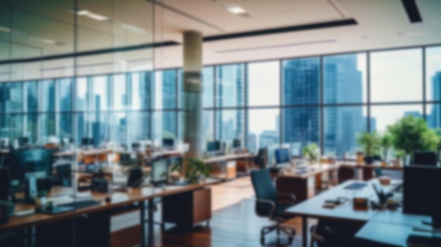 The blurry background of office space with panoramic windows
