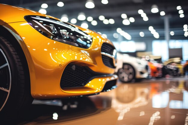 Blurry Background Of Shiny New Cars In Luxurious Showroom