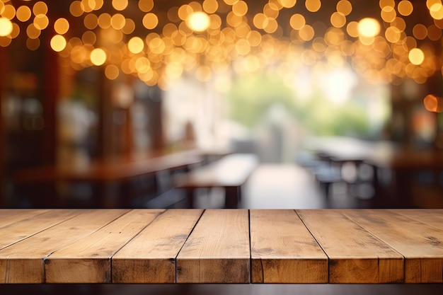 Blurry background with bokeh image showcasing product on an empty wooden table in a coffee shop or s