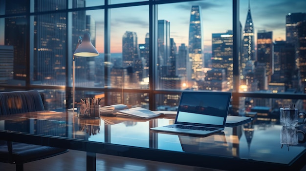 Foto sfondo sfocato con ufficio con grande vetro in città