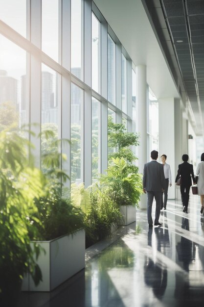 Photo blurry businesspeople walking in office interior with sunlight