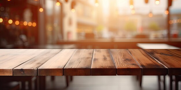 Blurry coffee shop background with empty wooden table