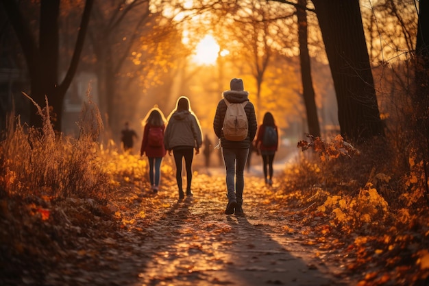 A blurry group of people in the background were walking on a road near a park colorful morning