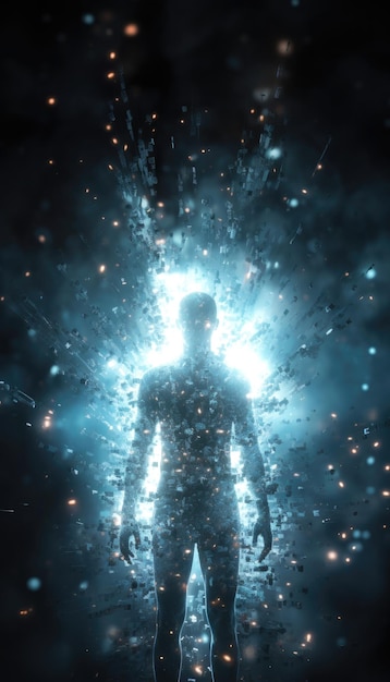 Blurry humanoid figure made out of data virtuality technological transcendence ascension