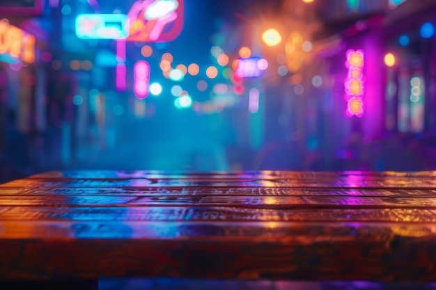 Photo a blurry image of a city street with neon lights