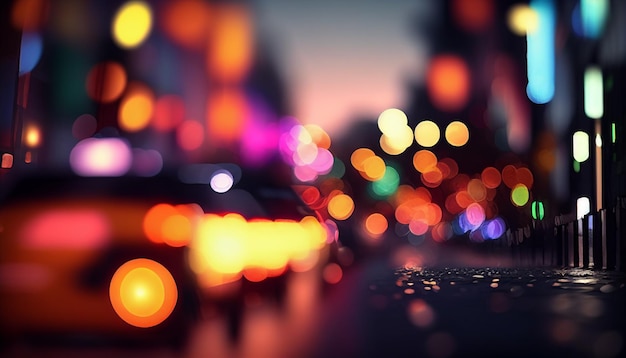 A blurry image of a city street with a street light and a blurry image of a car on the road