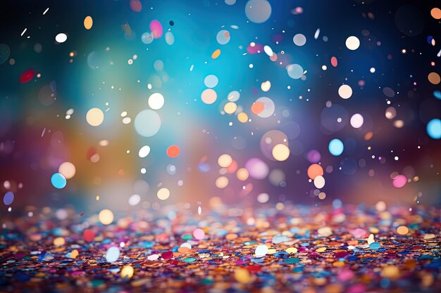 A blurry image of colorful confetti on a blue background