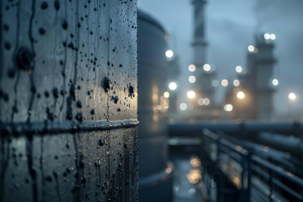 A blurry image of a factory with a wet surface and a dark sky